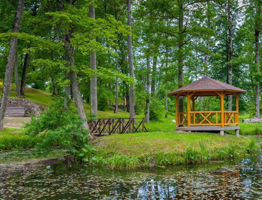 Wooden gazebo overlooking lake